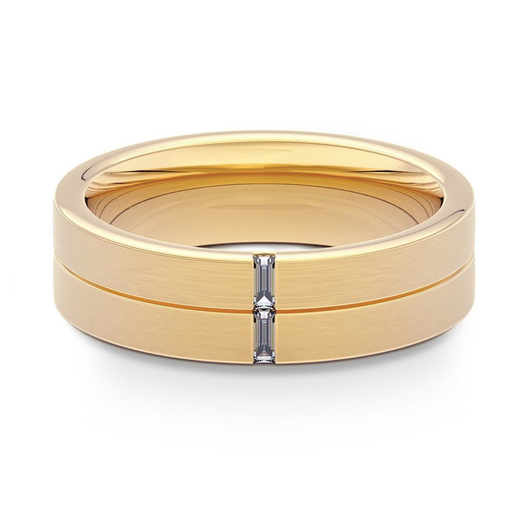 Flat Court with 2 Baguette Diamonds 18ct Yellow Gold Mens Ring