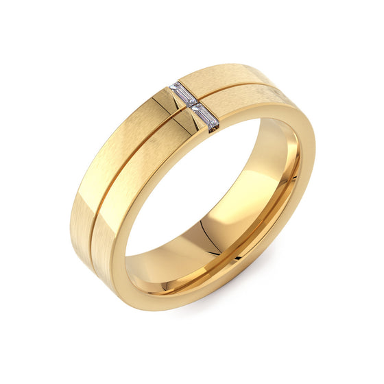 Flat Court with 2 Baguette Diamonds 18ct Yellow Gold Mens Ring